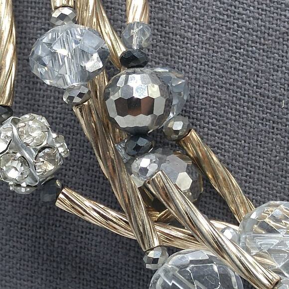 Chico's 5 Strand Beaded Necklace, Gold Swirled Tubes, Clear Silver Crystals, 24" - Picture 4 of 9